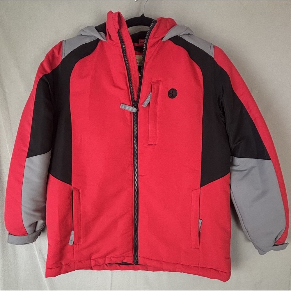 Roebuck & Co Boys Hooded Winter Coat M 10-12 Red Black Gray Warm Jacket